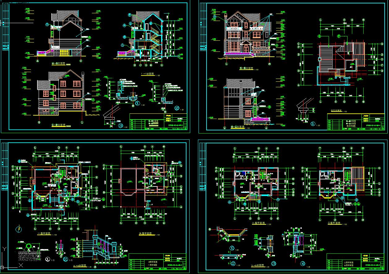 三层别墅cad图纸+效果图2-1