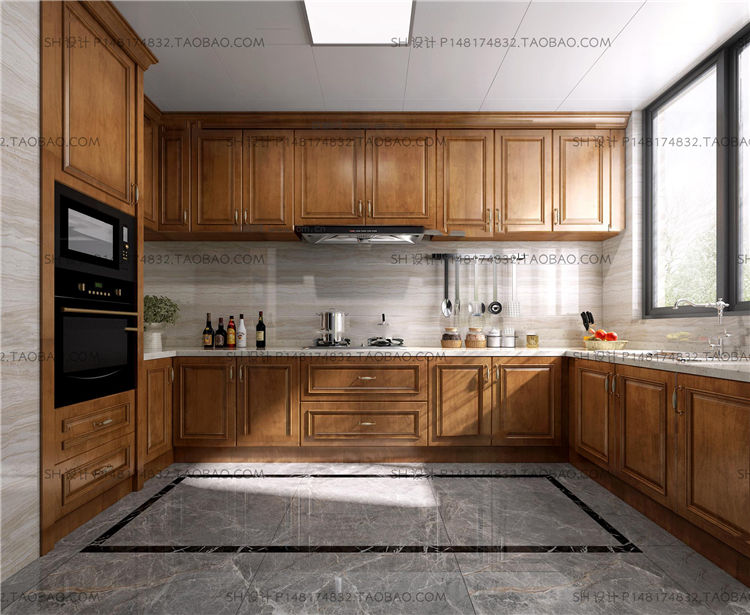 美式厨房橱柜3D模型ID：358167-1