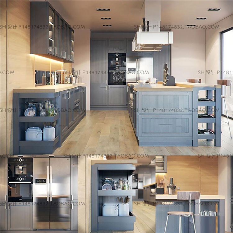 美式厨房橱柜3D模型-1