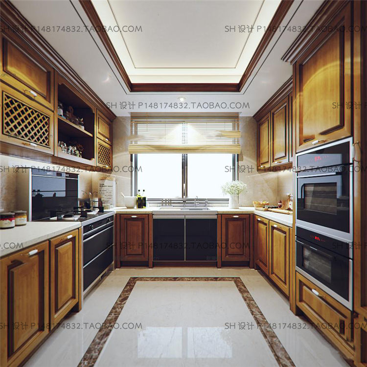 美式实木厨房橱柜3D模型-1