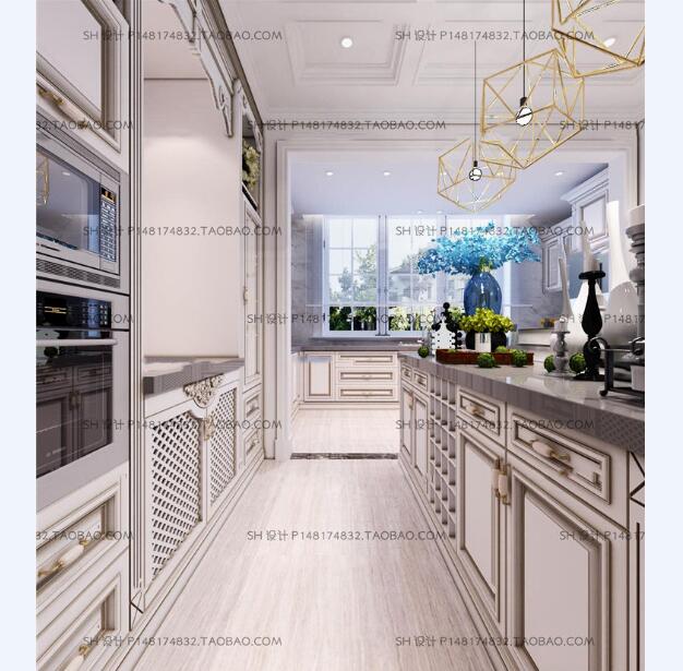 欧式厨房白色实木整体橱柜3D模型-1