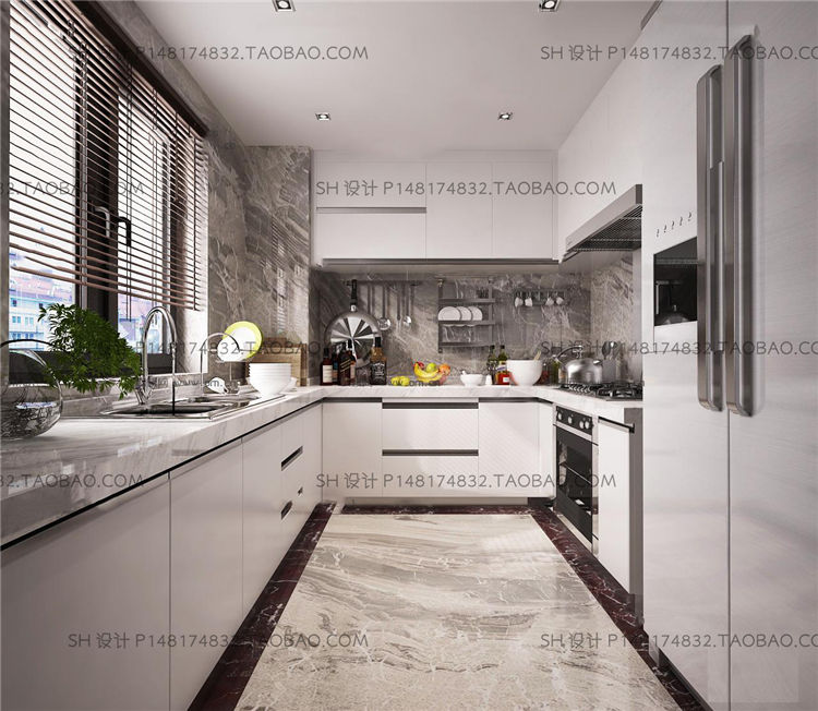 现代厨房橱柜3D模型-1