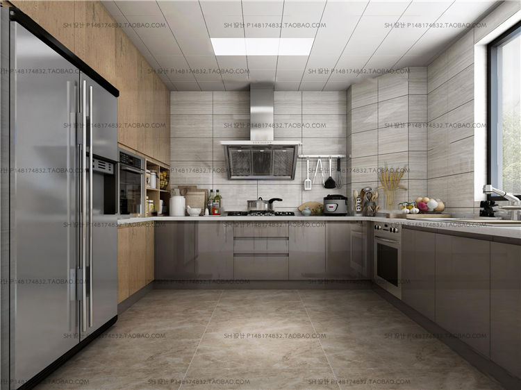 现代厨房橱柜餐具组合3D模型-1