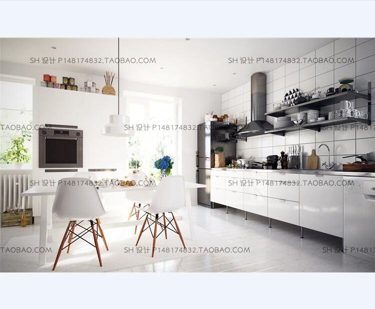 现代厨房橱柜餐桌椅组合3D模型-1