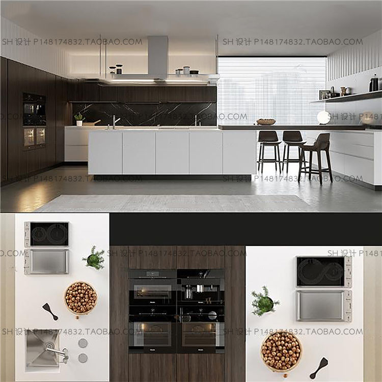 现代厨房橱柜厨具组合3d模型-1