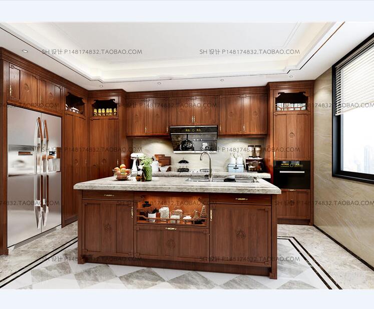新中式厨房厨柜中岛柜3D模型-1