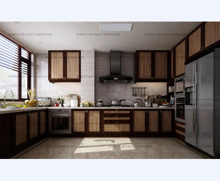 新中式厨房橱柜餐具组合3D模型-1