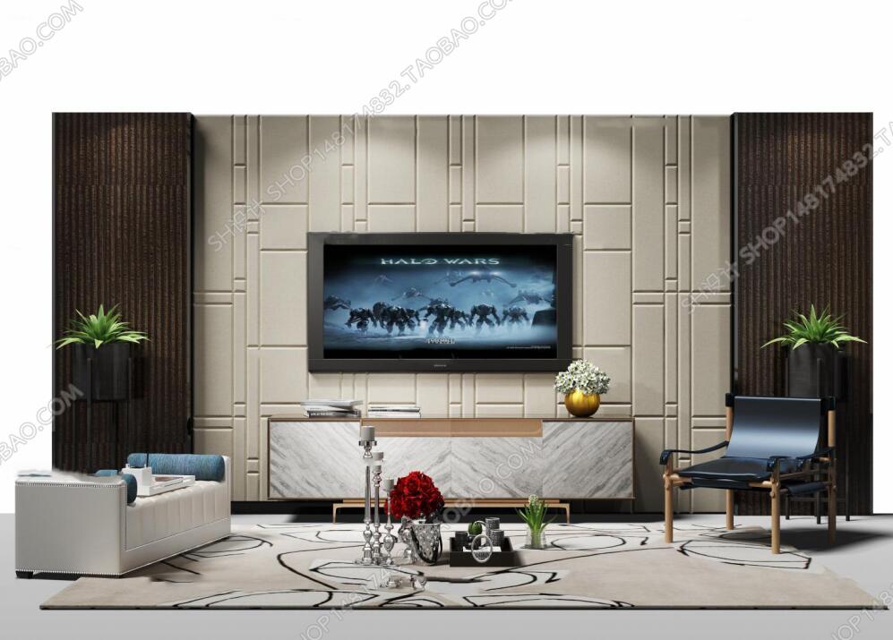 现代电视墙电视柜沙发椅摆件3D模型-1