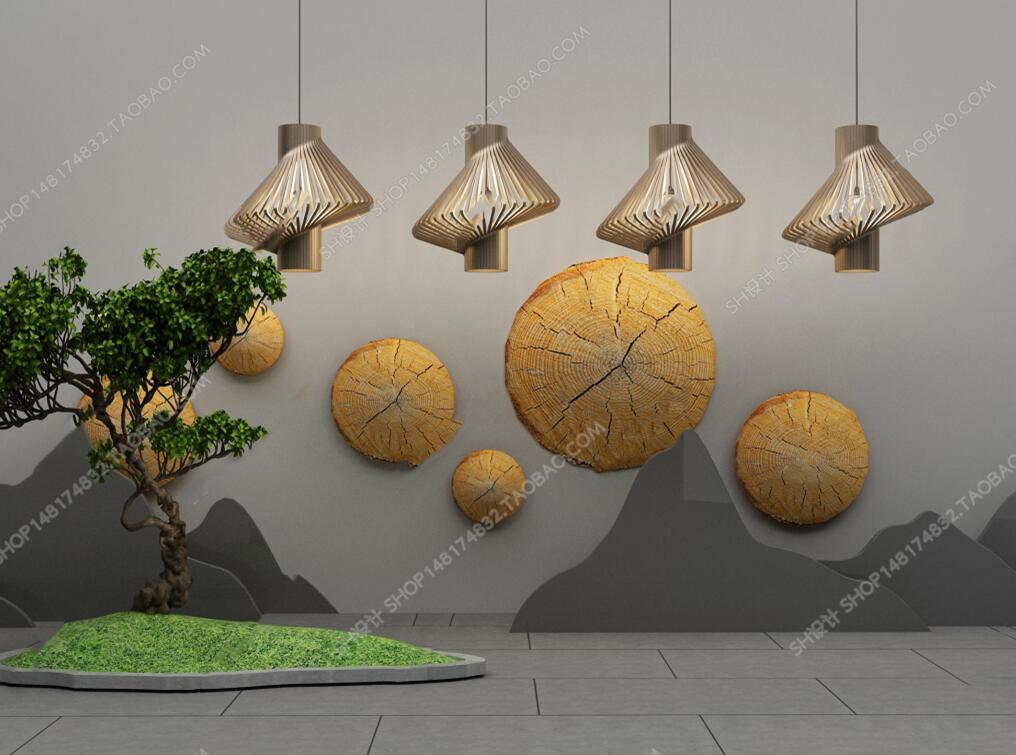新中式吊灯挂件绿植组合3D模型-1