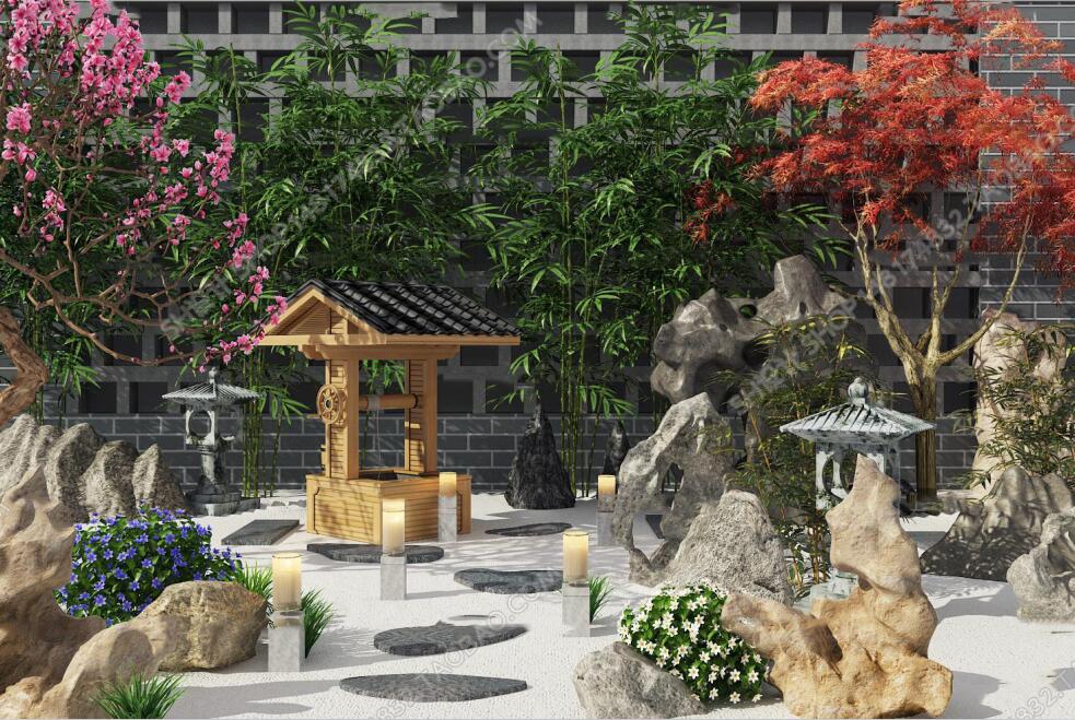 新中式景观松树庭院假山园艺小品3D模型-1