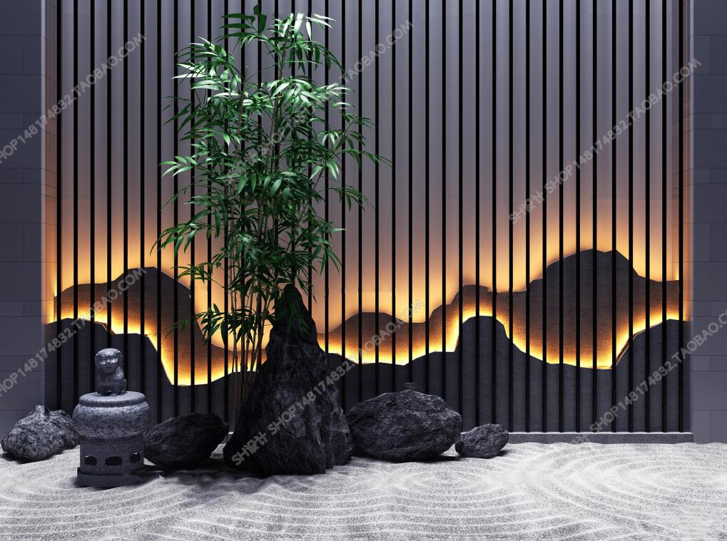 新中式石头景观背景墙竹子组合3D模型-1