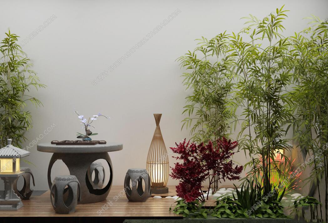 新中式石制古灯茶几凳绿植园艺小品3D模型-1