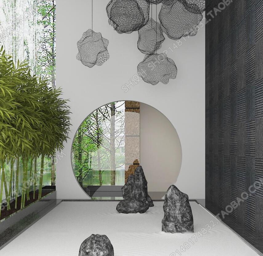 新中式太湖石植物吊灯组合3D模型-1