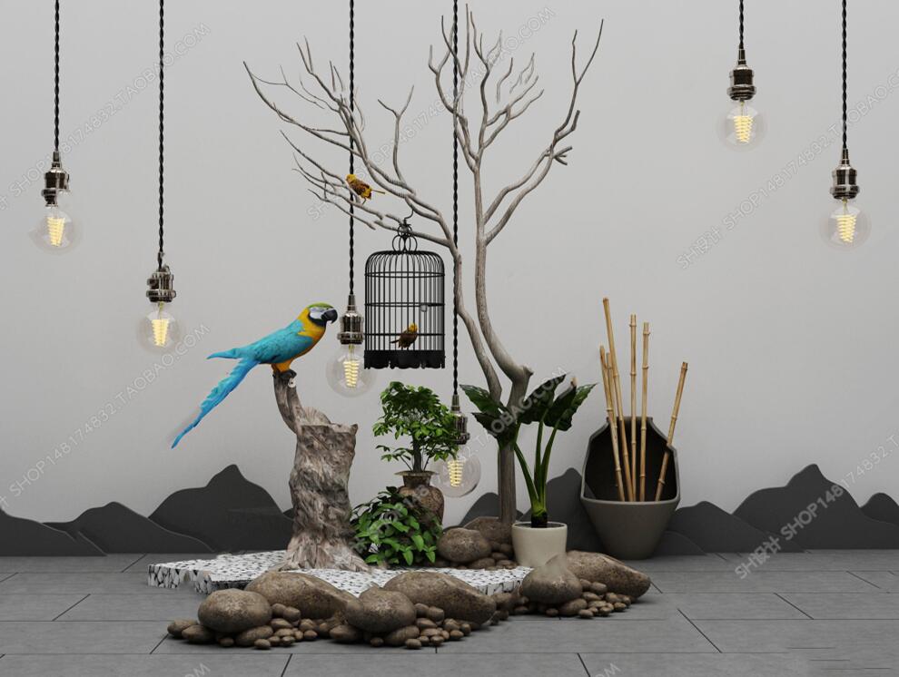新中式植物盆栽吊灯摆件组合3D模型-1