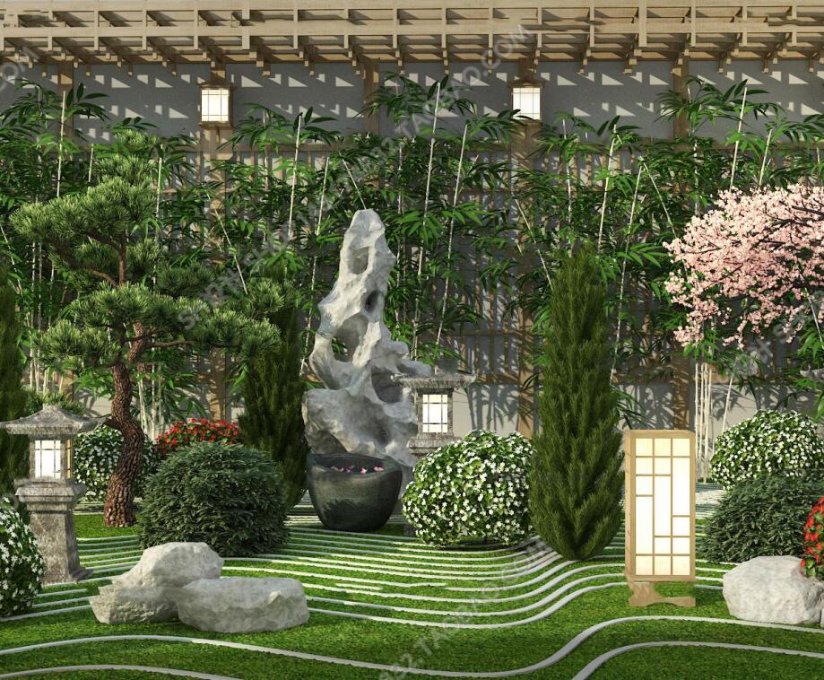 中式景观松树庭院假山园艺小品3D模型-1