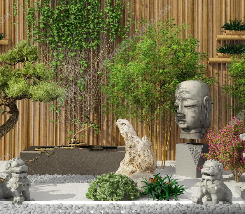 中式景观竹子庭院假山园艺小品3D模型-1