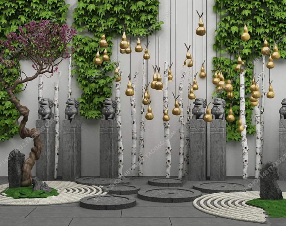 中式藤蔓景观树石狮雕塑金葫芦组合3D模型ID：437266.jpeg