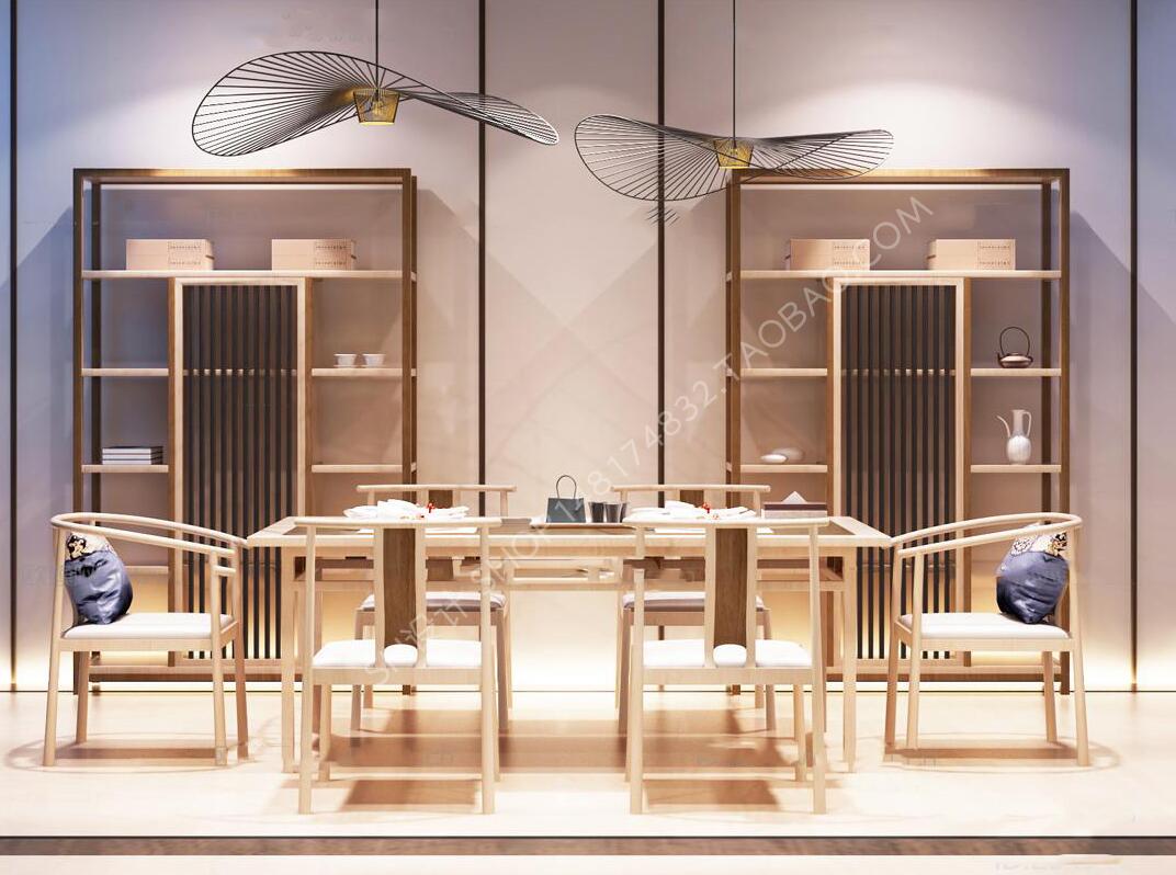 新中式餐厅餐桌椅酒柜吊灯组合3D模型-1