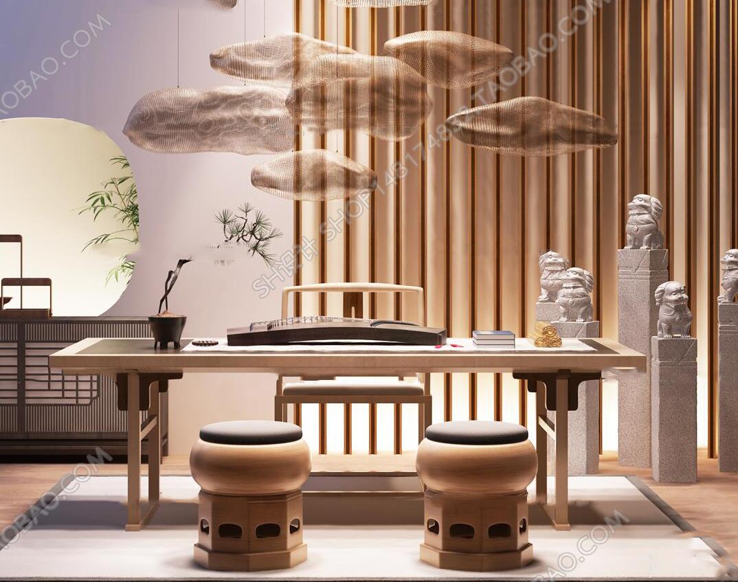 新中式茶室泡茶桌椅狮子灯组合3D模型-1