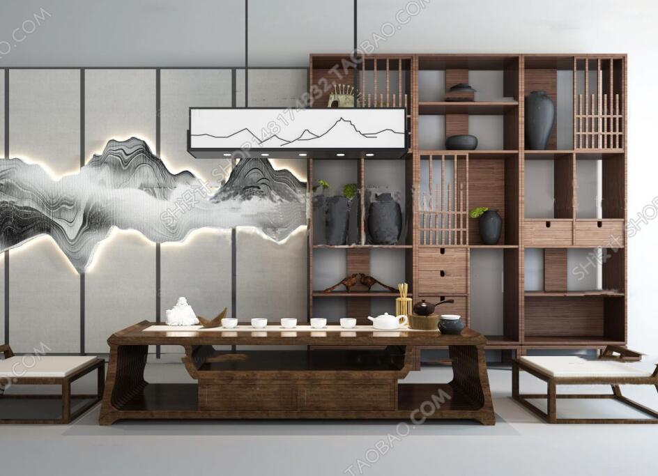 新中式茶室泡茶桌椅装饰架组合3D模型-1