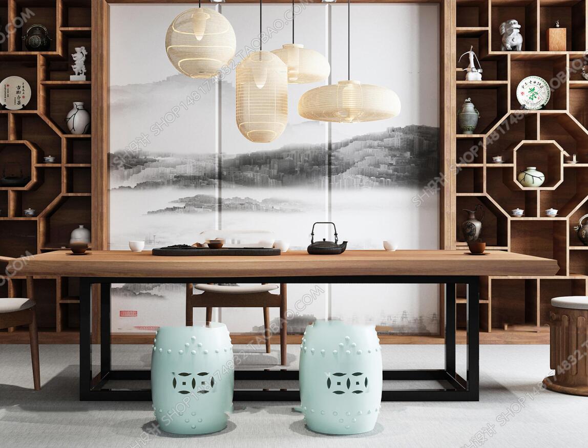 新中式茶桌椅凳子博古架吊灯茶具3D模型-1