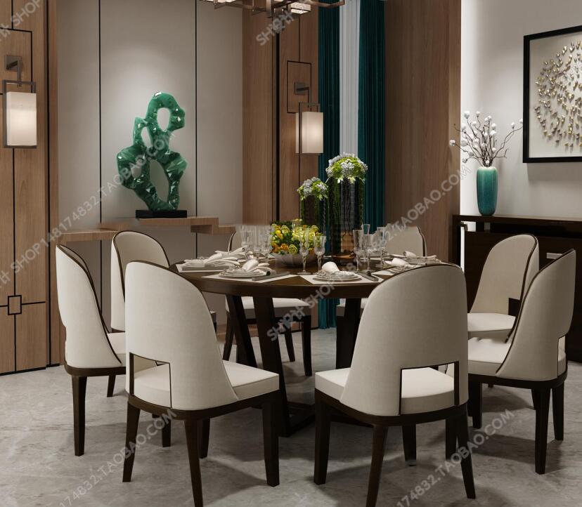 新中式简约餐桌椅餐具边柜吊灯壁灯摆件3D模型-1