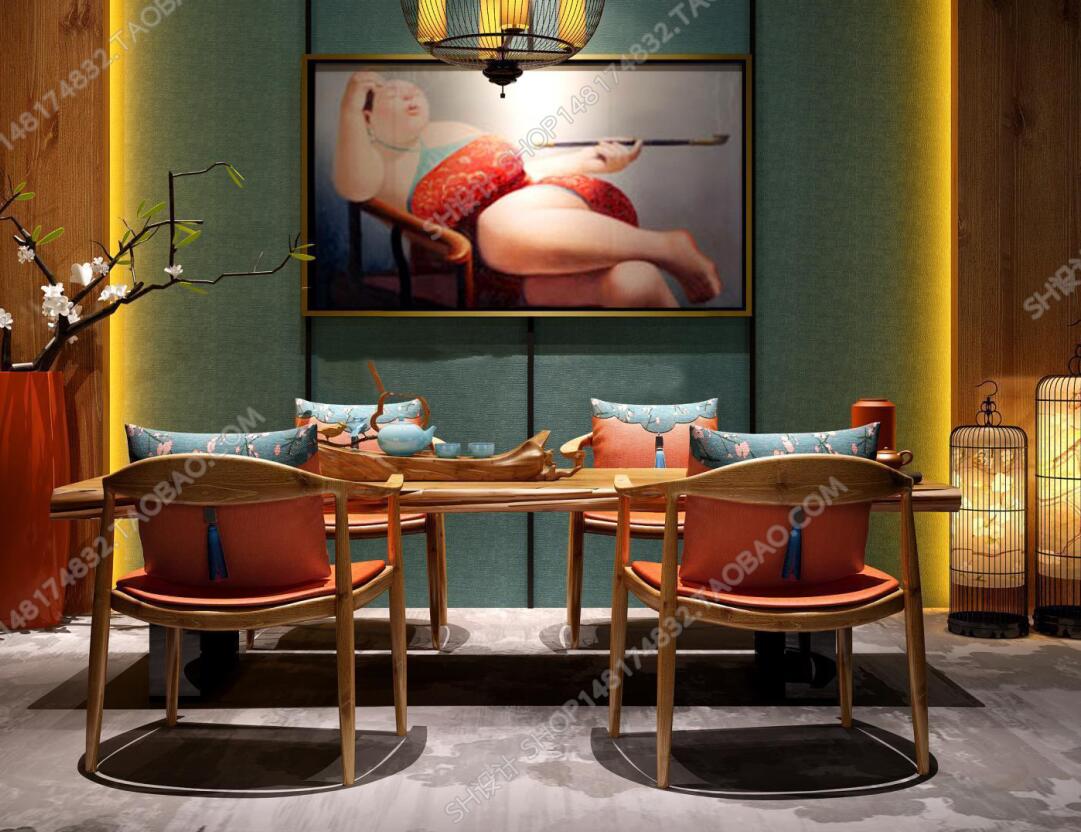新中式泡茶桌椅鸟笼吊灯干枝花摆件组合3D模型-1