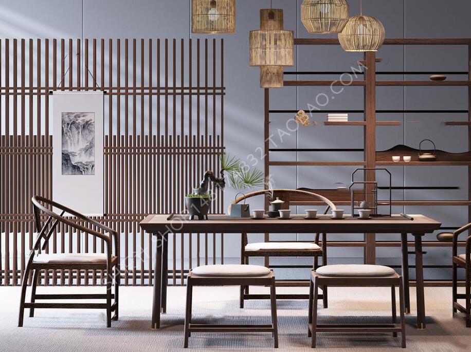 新中式实木泡茶桌椅吊灯屏风组合3D模型-1