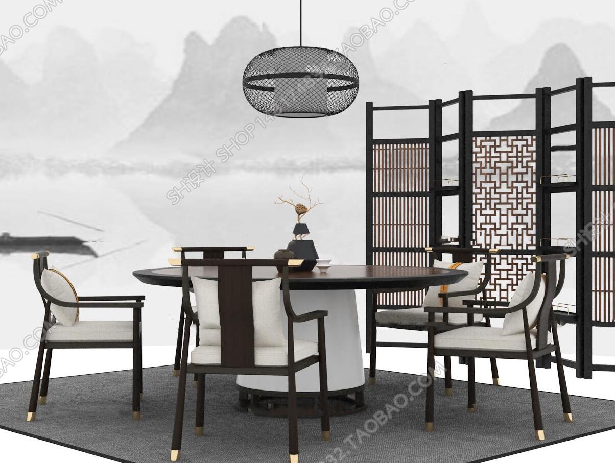 新中式实木圆形餐桌椅屏风吊灯组合3D模型-1