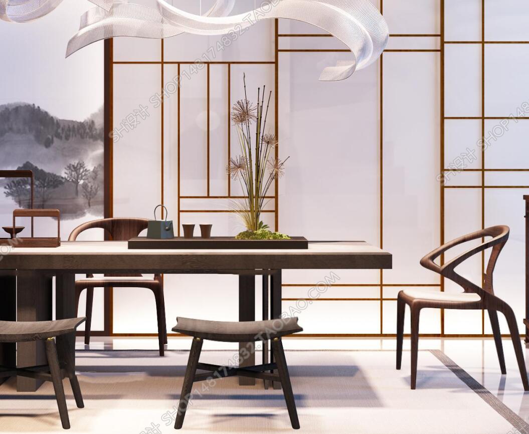 中式茶桌椅子吊灯屏风饰品摆设3D模型-1