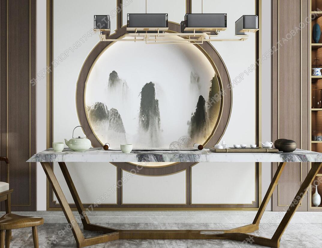 中式泡茶桌椅装饰架吊灯组合3D模型-1