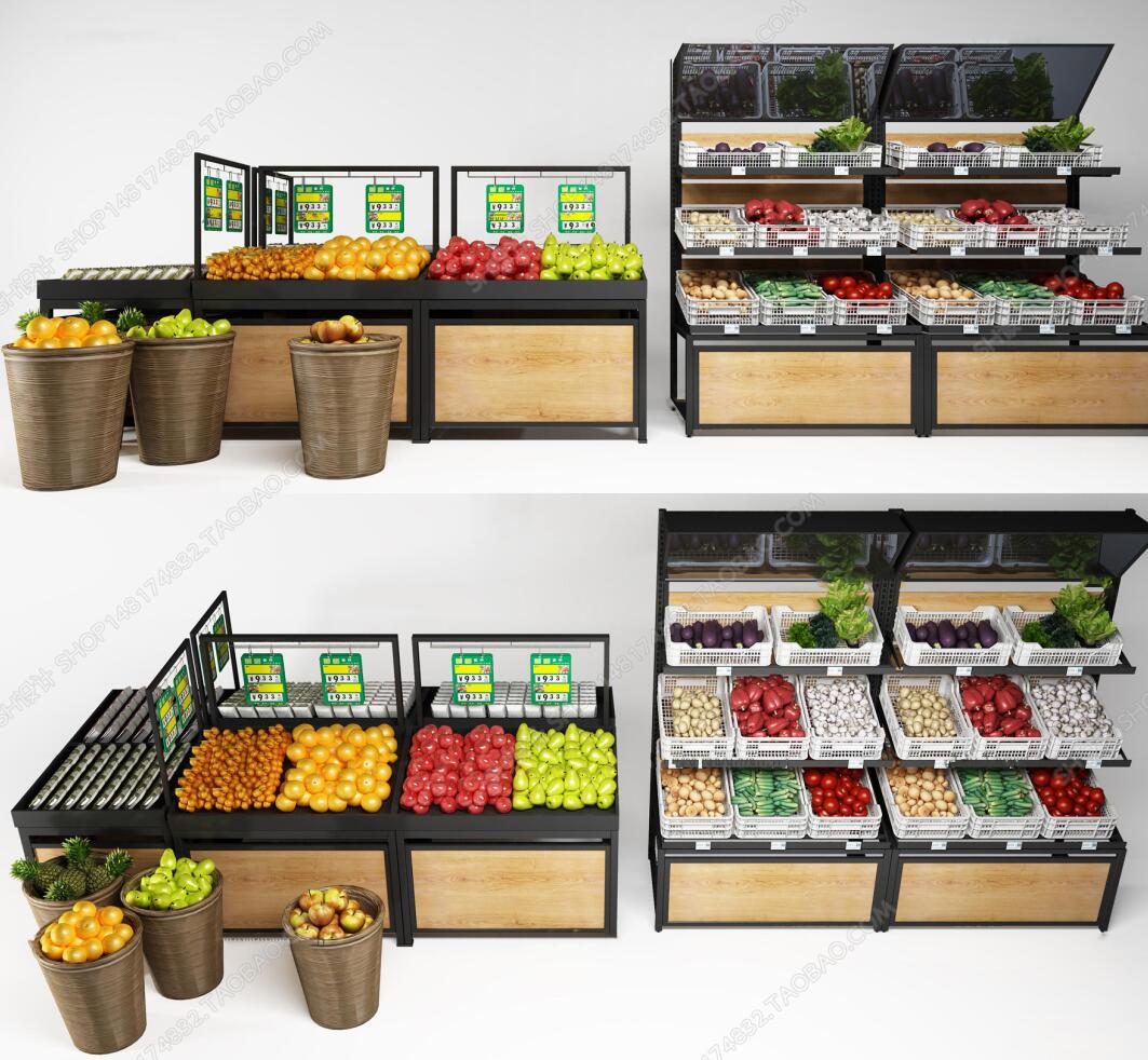 现代超市蔬菜水果货架组合3D模型-1