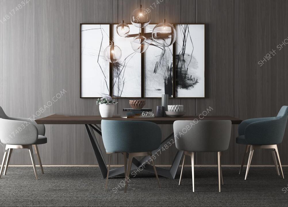现代餐桌椅装饰画吊灯组合3D模型ID333634-1