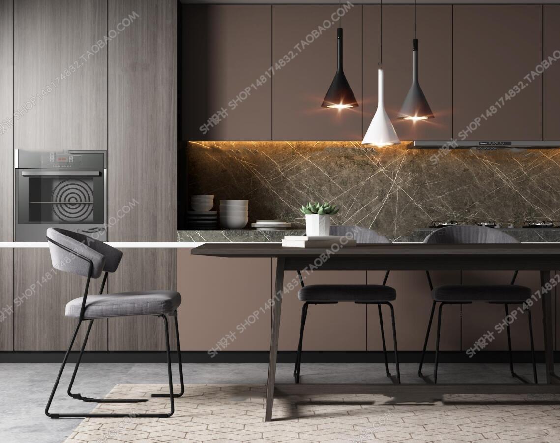 现代实木餐桌椅吊灯橱柜餐具组合3D模型ID320580-1