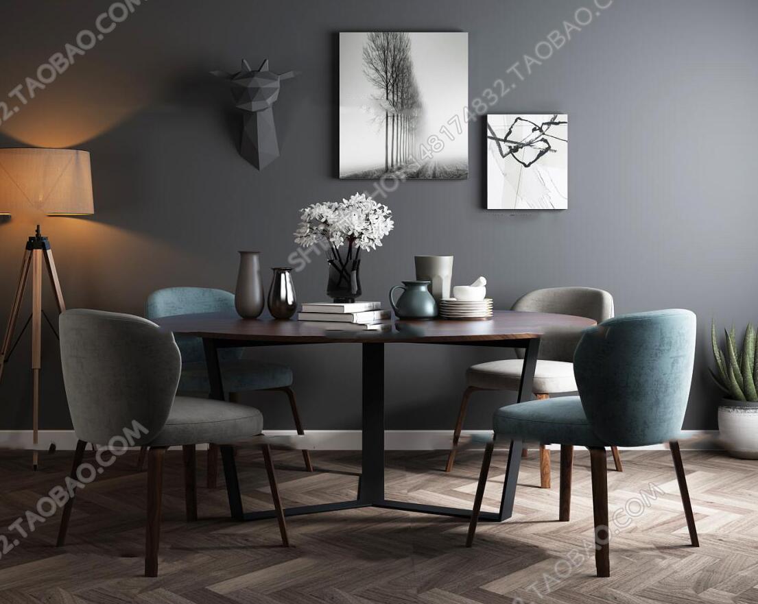 现代实木圆形餐桌椅落地灯装饰画餐具组合3D模型-1