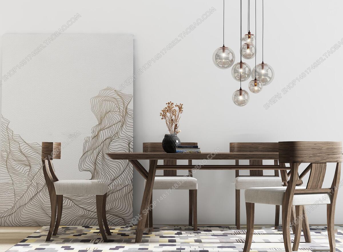 现代实木桌椅吊灯装饰画组合3D模型ID334784-1