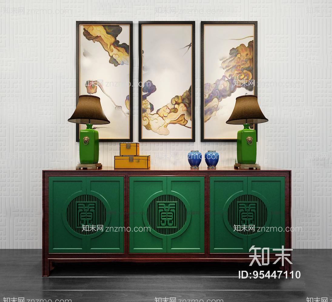 新中式玄关端景柜边柜台灯装饰画3D模型.jpg