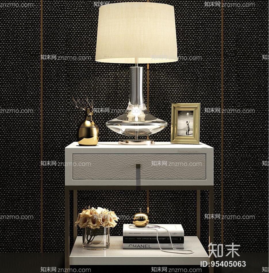 现代金属床头柜台灯花瓶相框组合3D模型-1