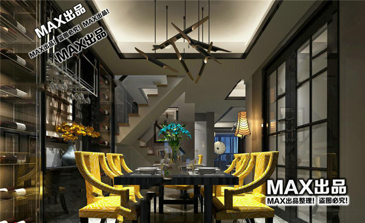 后现代复式餐厅空间3D模型ID：296414-1
