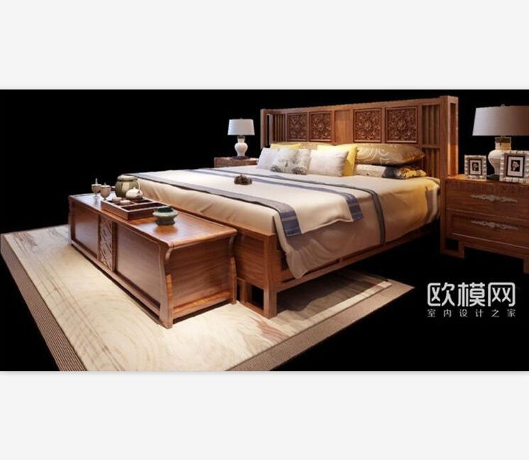 2011 新中式卧室床具床头柜组合-1