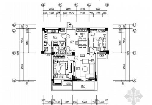 [武汉]花园洋房时尚两居室样板间装修施工图（含效果实景...-1