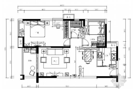 [广东]简约大气现代两居室室内装修施工图（含效果）-1