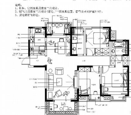 [河南]时尚清新简约美式风格三居室室内装修施工图（含效...-1