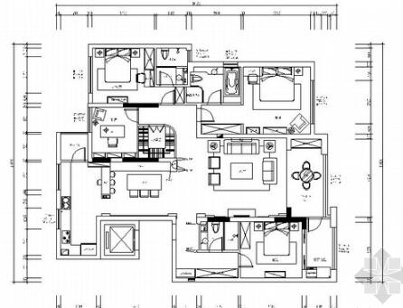[南通]精品英式田园四居室样板间CAD装修施工图（含软装...-1