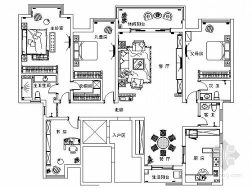 豪华大宅美式风格三居室装修室内设计施工图（含效果）-1