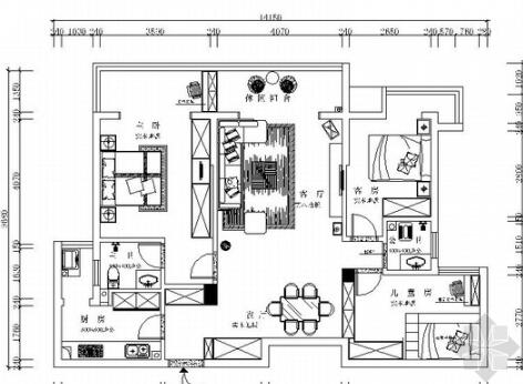 [湖南]混搭简约田园三居室设计CAD装修图（含效果）-1