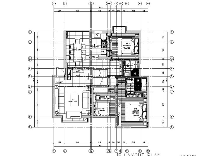 极简主义三居室住宅空间设计施工图（附效果图)-1