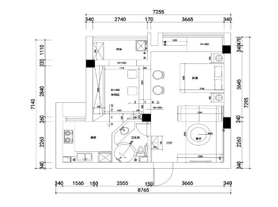 大华南湖公园世家一居室样板房装修施工图-1