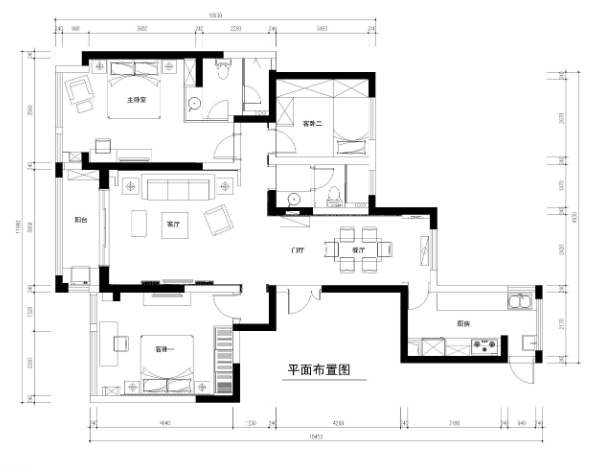 常熟145平三居室公寓装修施工图+效果图-1