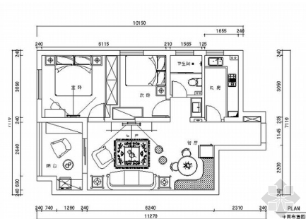精品清新现代风格两居室室内装修设计施工图（含效果）-1